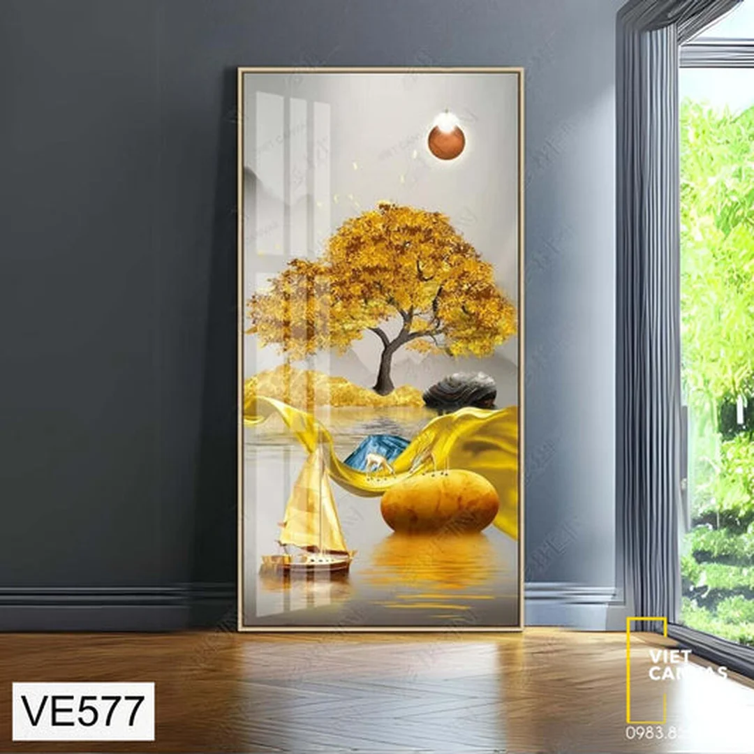 tranh nghệ thuật đẹp chất liệu canvas xanh vàng bên sông