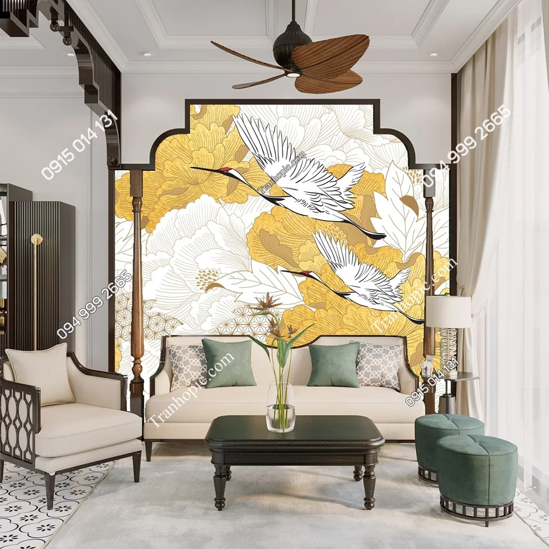 tranh nghệ thuật đẹp nhất phong cách Indochine hạc và hoa