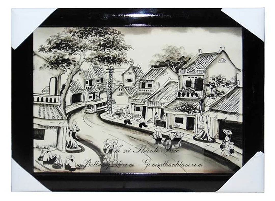 Tranh phố cổ đen trắng dạng tròn về Hà Nội tranh phố cổ đen trắng dạng tròn về Hà Nội