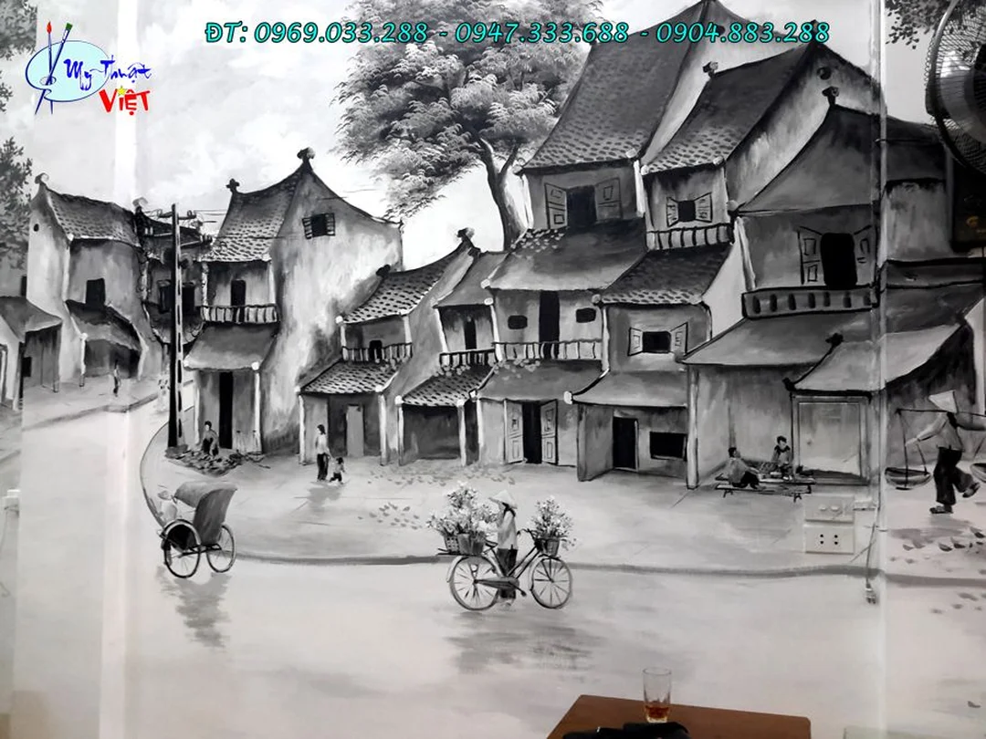 Tranh phố cổ đen trắng khung cảnh Hà Nội xưa tranh phố cổ đen trắng khung cảnh Hà Nội xưa
