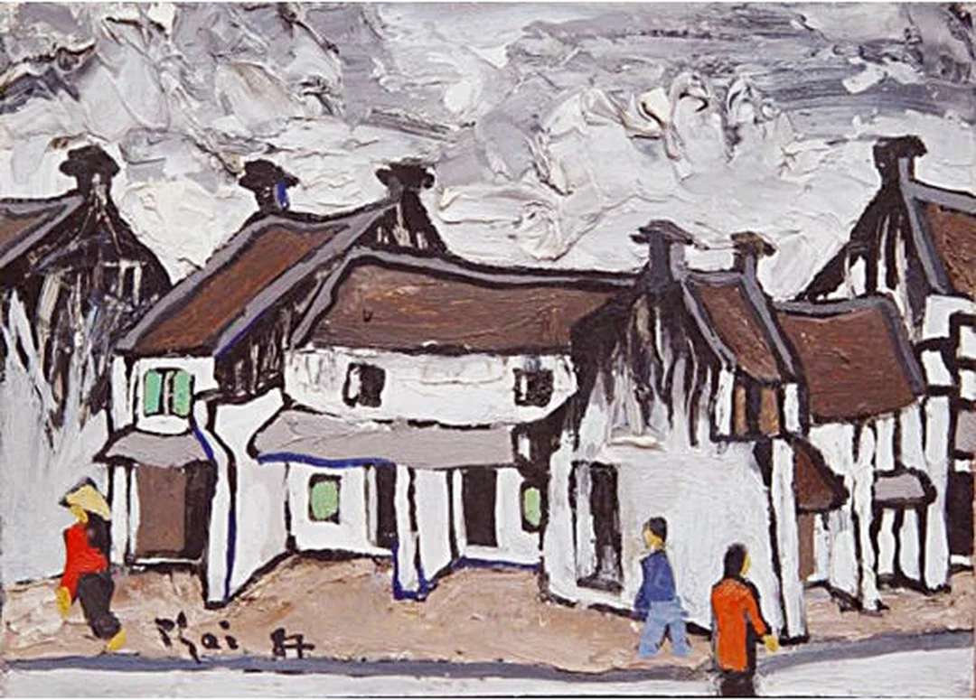 Bố cục phố cổ trong tranh Bùi Xuân Phái tranh phố cổ hà nội của bùi xuân phái với bố cục nhà nghiêng đặc trưng