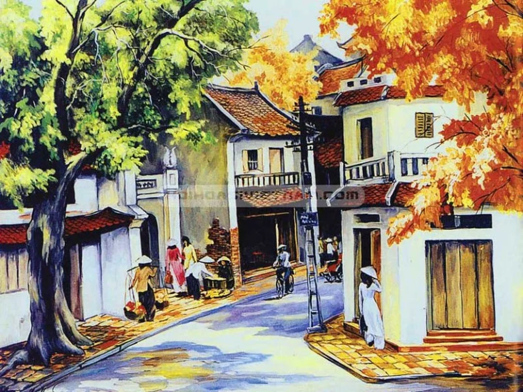 Tranh phố cổ Hà Nội tông vàng nâu tranh phố cổ hà nội tông vàng nâu phù hợp treo phòng khách