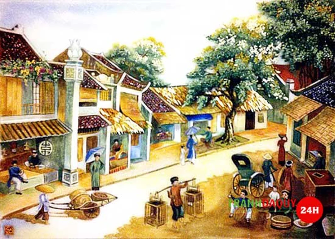 Tranh phố cổ Hà Nội xưa với phố nghề và mái nhà cũ tranh phố cổ hà nội xưa bằng đá quý tái hiện phố nghề