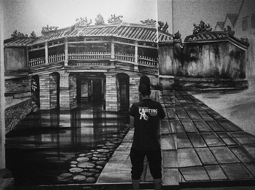 Tranh phố cổ Hội An đen trắng bố cục chiều sâu tranh phố cổ hội an đen trắng với bố cục chiều sâu