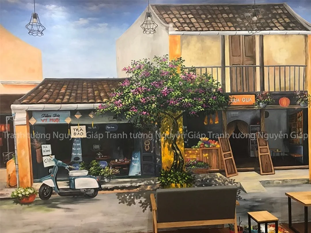 tranh phố cổ hội an vẽ tường nội thất tranh phố cổ hội an vẽ tường trong không gian nội thất