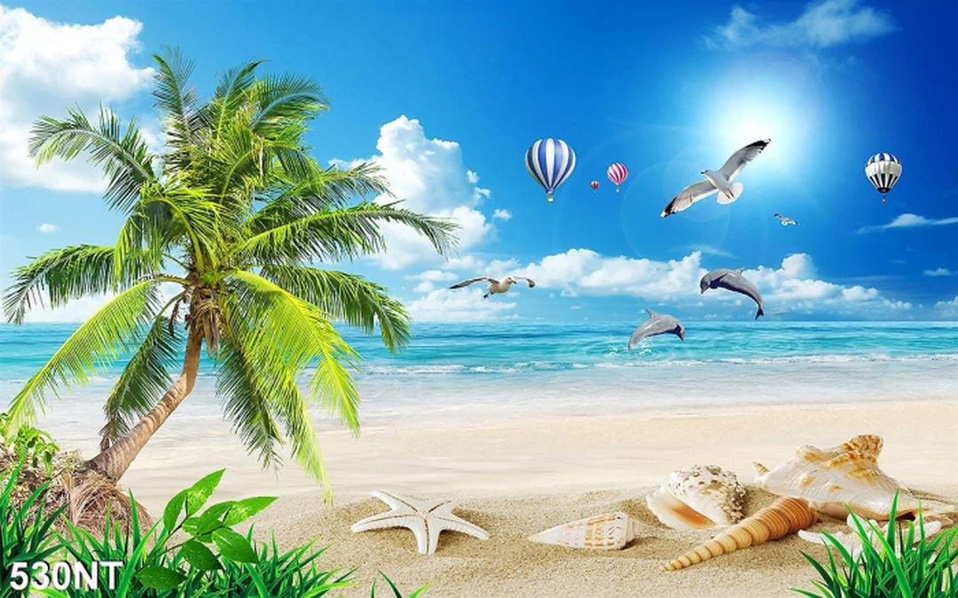 tranh phong cảnh biển xanh với thuyền và bãi cát