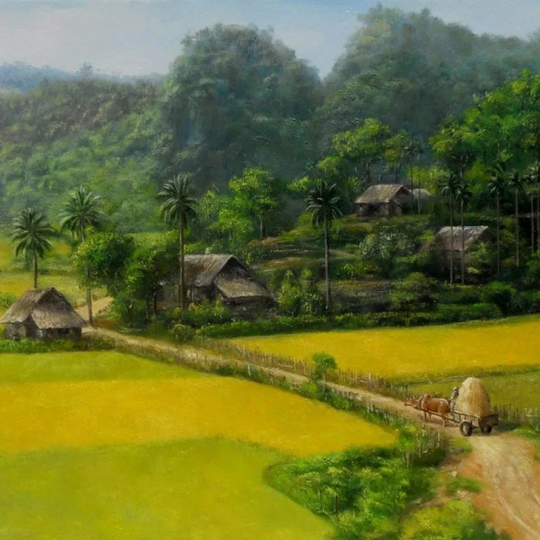 Tranh phong cảnh đồng quê nhà quê yên bình tranh phong cảnh đồng quê cánh đồng và nhà quê yên bình