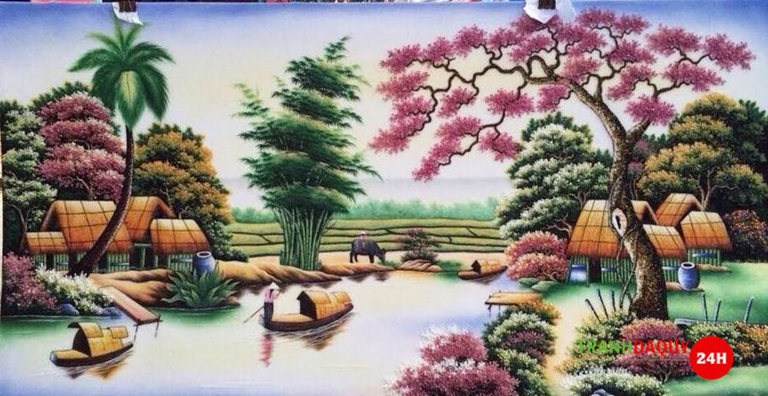 tranh phong cảnh làng quê việt nam bằng đá quý về cảnh đồng quê