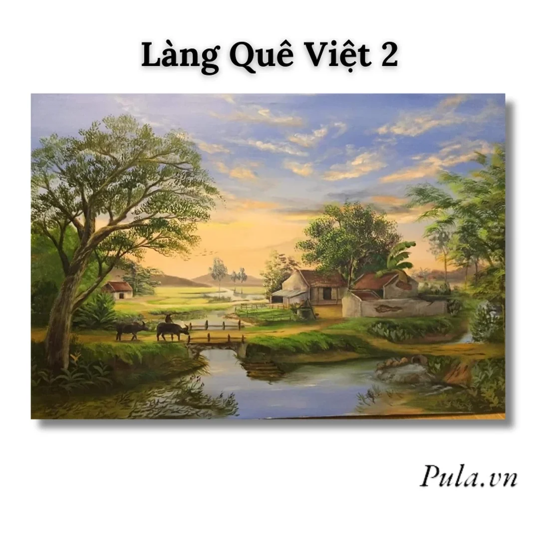 tranh phong cảnh làng quê việt nam với đồng lúa và mái nhà quê