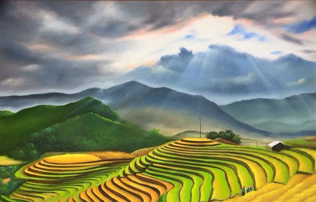 Sơn dầu cánh đồng và dòng sông tranh phong cảnh Việt Nam sơn dầu cánh đồng và dòng sông