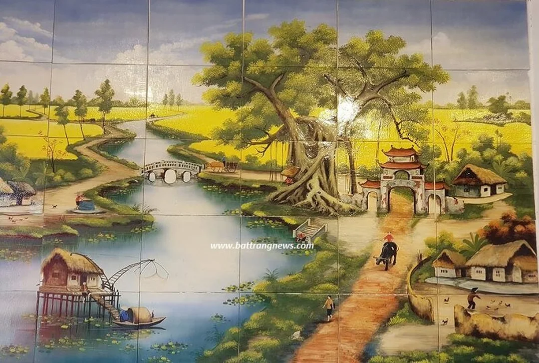 tranh phong thủy cho người mệnh mộc 1988 chất liệu gốm phong cảnh xanh