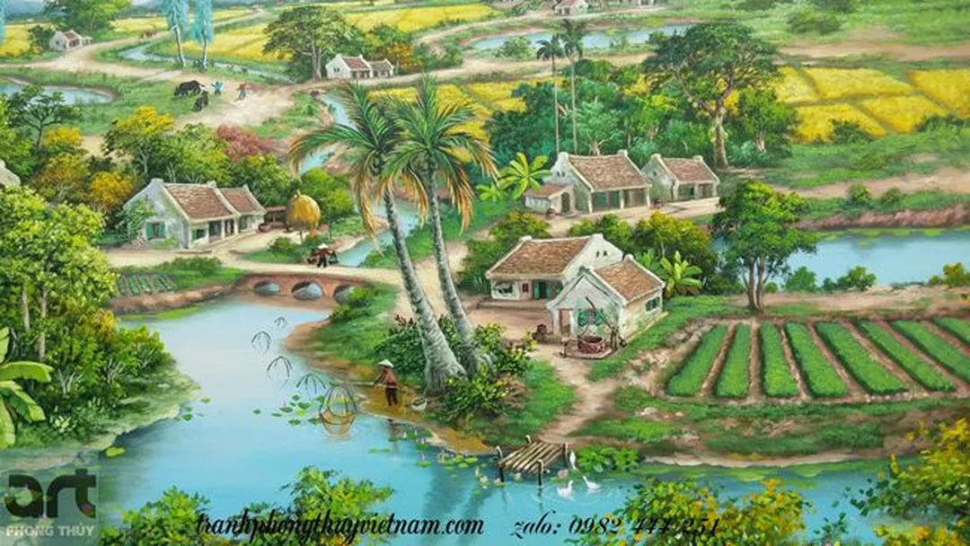 Tranh phong thủy đồng quê mùa lúa chín Tranh phong thủy đồng quê mùa lúa chín hợp không gian ấm