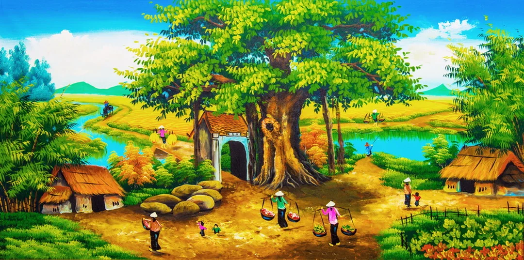 Tranh phong thủy đồng quê sơn dầu vẽ tay Tranh phong thủy đồng quê sơn dầu vẽ tay có chiều sâu màu sắc