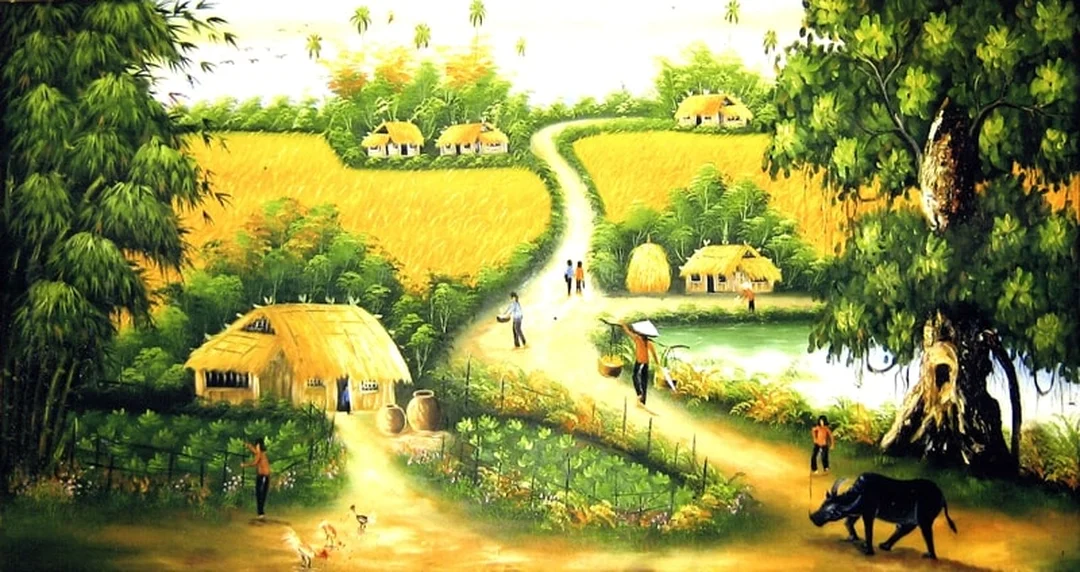 Tranh phong thủy đồng quê cho phòng khách Tranh phong thủy đồng quê với cánh đồng và dòng sông yên bình