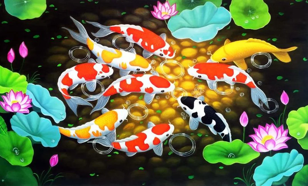Tranh phong thủy hợp tuổi quý sửu cửu ngư quần hội tranh phong thủy hợp tuổi quý sửu cửu ngư quần hội hoa sen cá chép