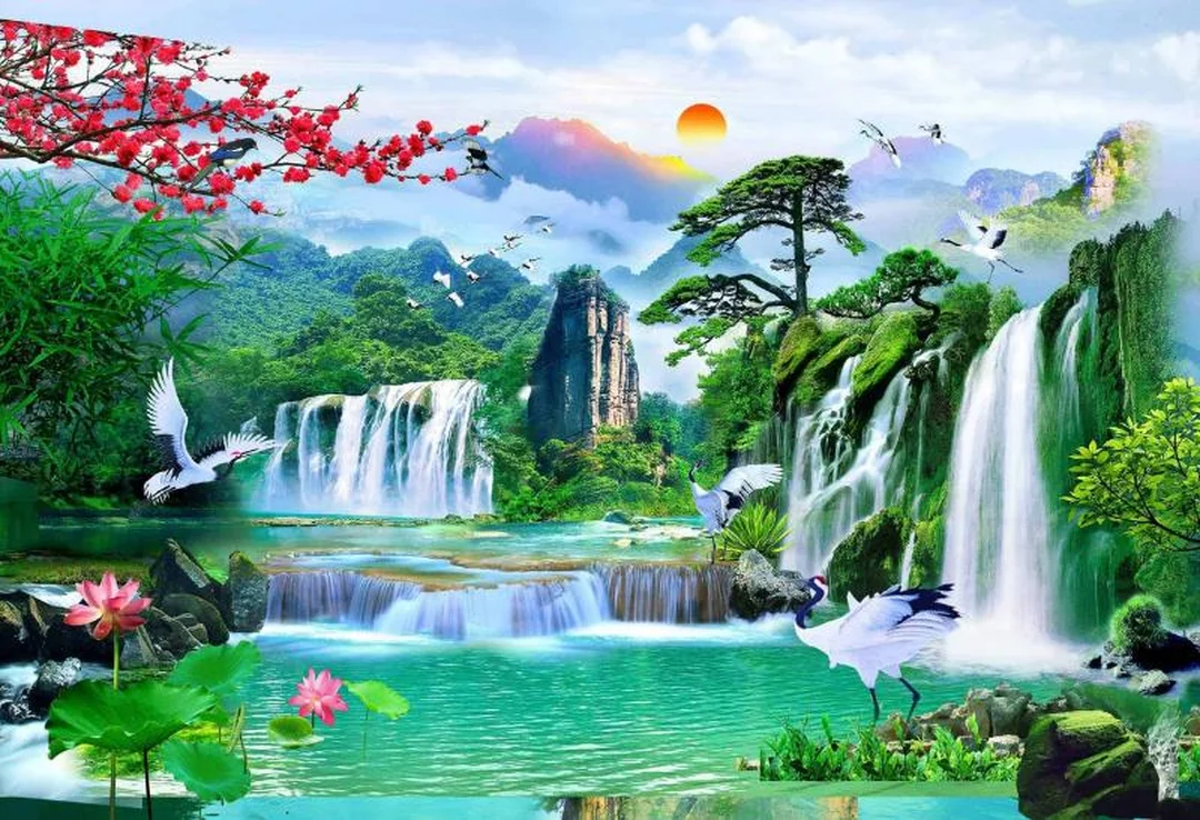 Tranh phong thủy hợp tuổi quý sửu sơn thủy hữu tình tranh phong thủy hợp tuổi quý sửu sơn thủy hữu tình có thác nước và núi non
