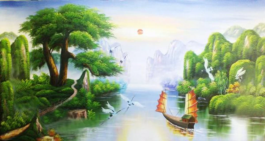 tranh phong thủy hút tài lộc sơn thủy hữu tình cho phòng khách