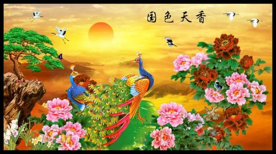 Tranh phong thủy mệnh Thổ hoa mẫu đơn chim công tranh phong thủy mệnh thổ hoa mẫu đơn chim công
