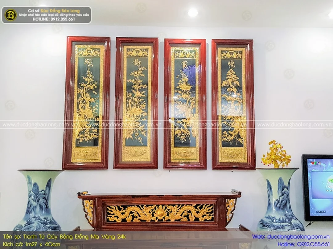tranh phong thủy phòng thờ tứ quý bằng đồng cho không gian truyền thống