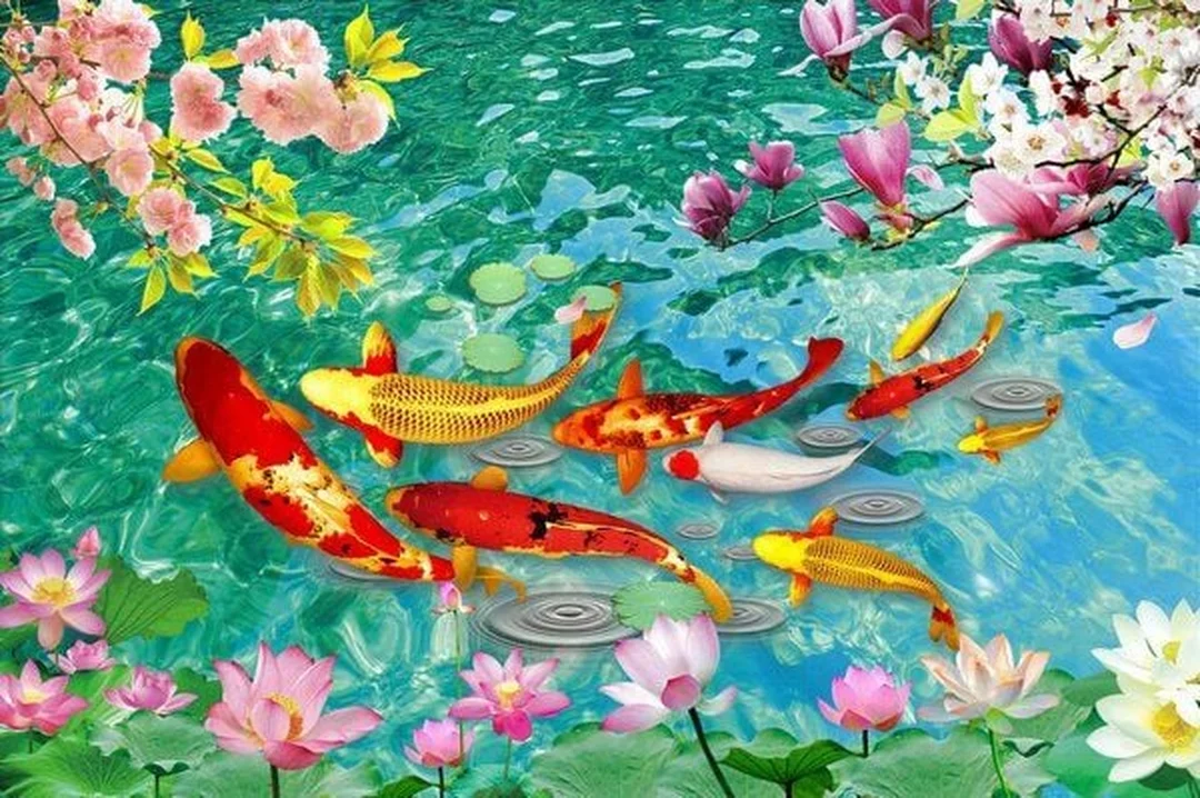 Cửu ngư quần hội treo phòng khách Tranh phong thủy tài lộc cửu ngư quần hội treo phòng khách