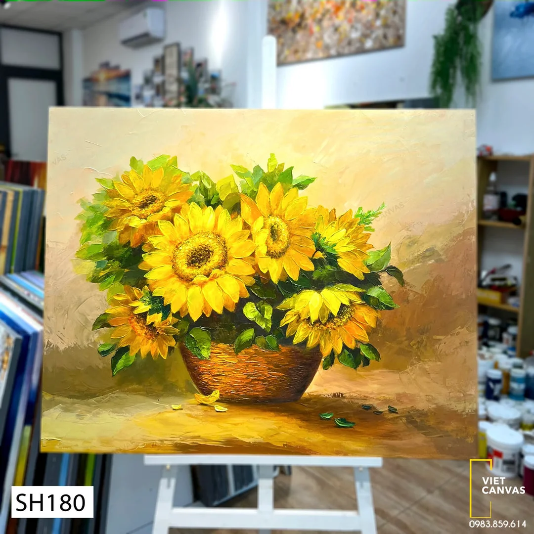 Tranh sơn dầu giỏ hoa hướng dương trang trí nhà tranh sơn dầu giỏ hoa hướng dương trang trí nhà