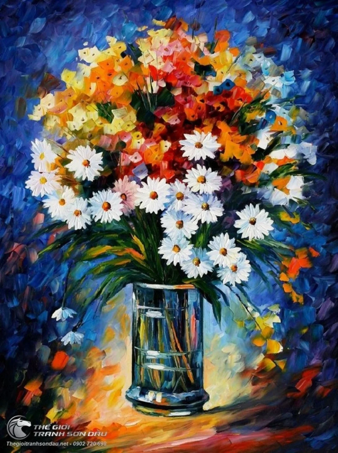 tranh sơn dầu hoa cúc vàng trong bình trang trí phòng khách