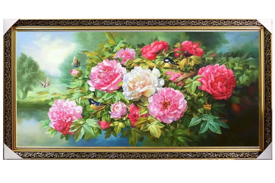 Tranh sơn dầu hoa mẫu đơn phú quý treo phòng khách tranh sơn dầu hoa mẫu đơn phú quý treo phòng khách