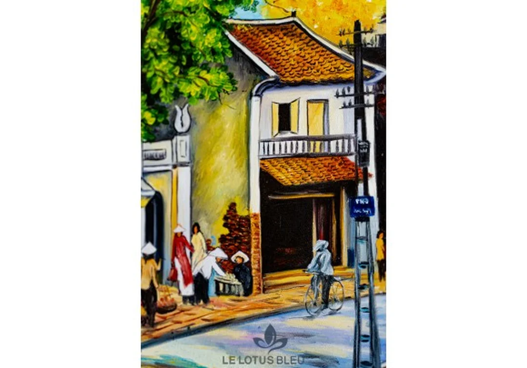 Tranh sơn dầu phố cổ Hà Nội với mái nhà cổ tranh sơn dầu phố cổ hà nội với mái nhà cổ và hàng cây
