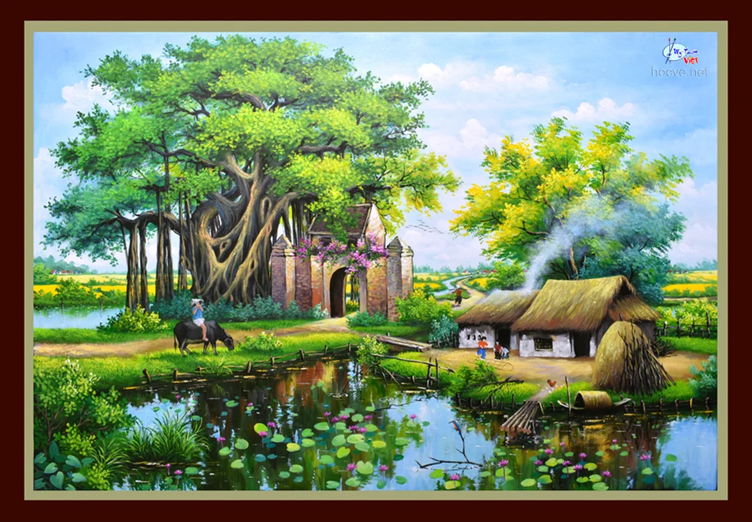 tranh sơn dầu phong cảnh đồng quê dễ treo trong nhà Việt