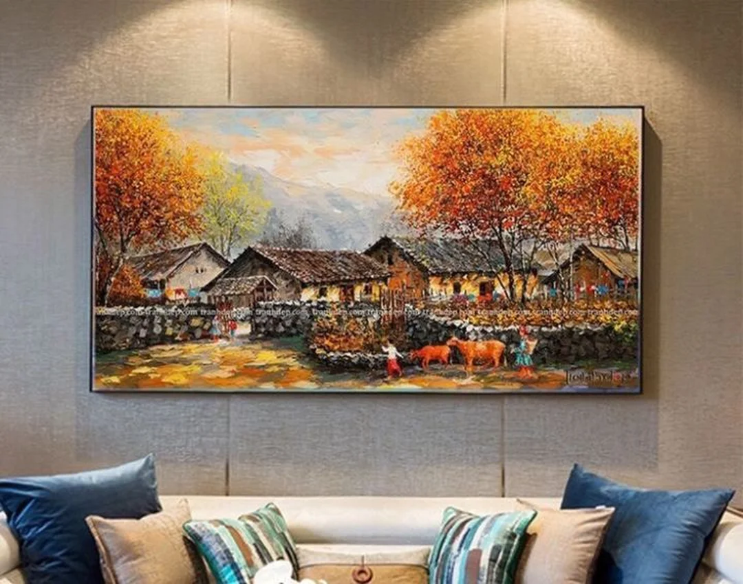 tranh sơn dầu phòng khách kích thước lớn treo trên sofa