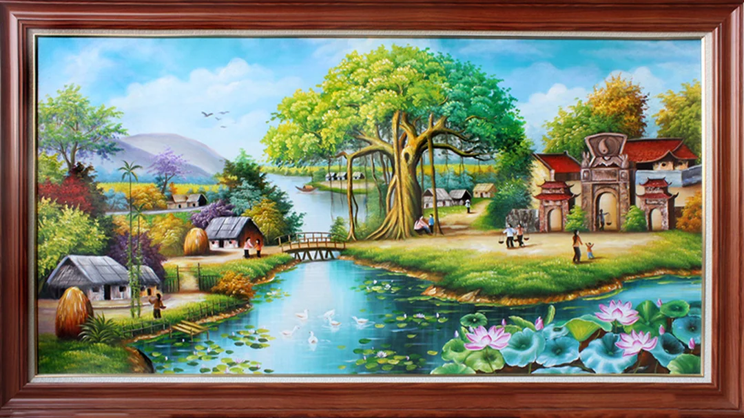 tranh sơn dầu phòng khách phong thủy tông sáng