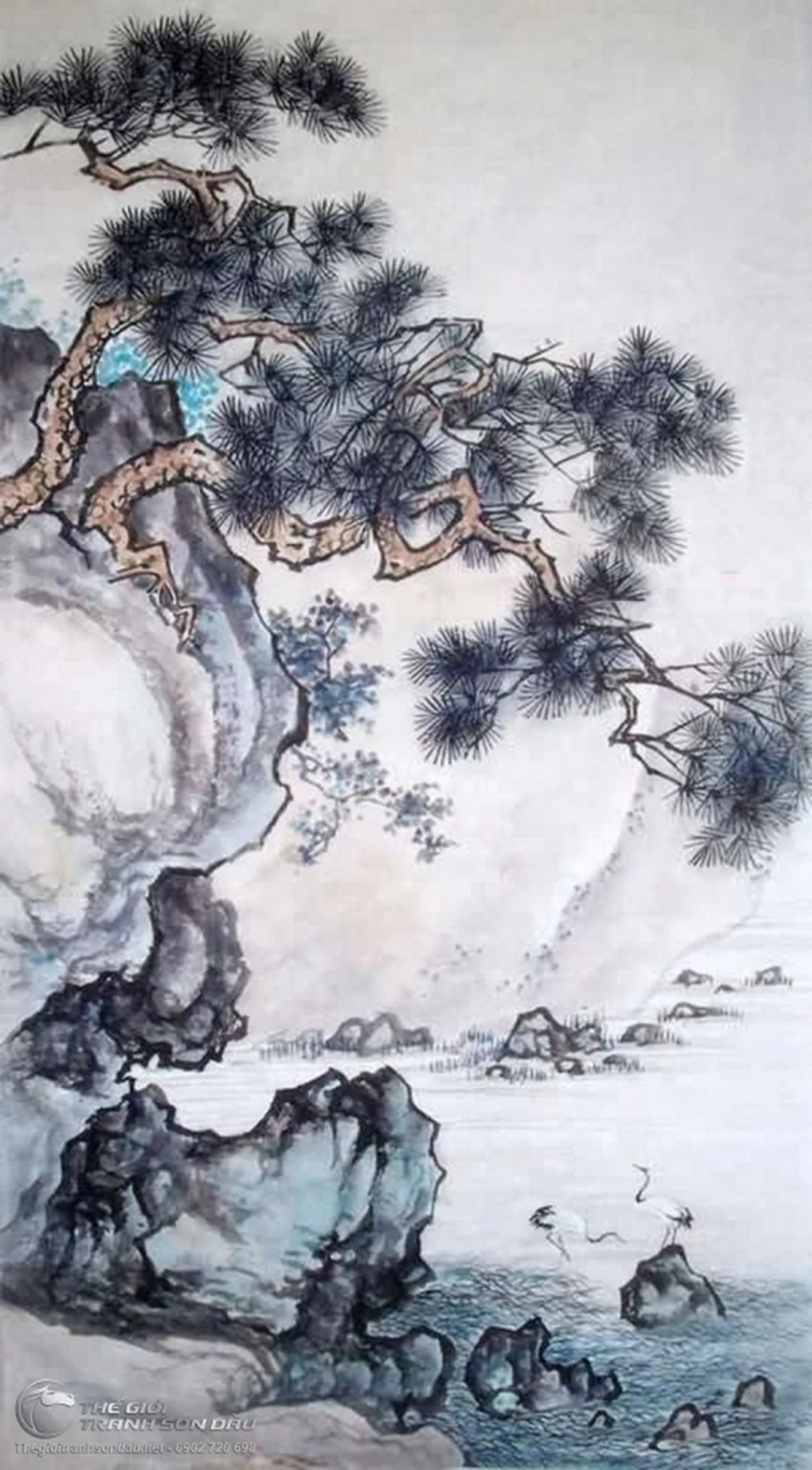 tranh thủy mặc cây tùng bên vách đá thể hiện dáng tùng cổ thụ