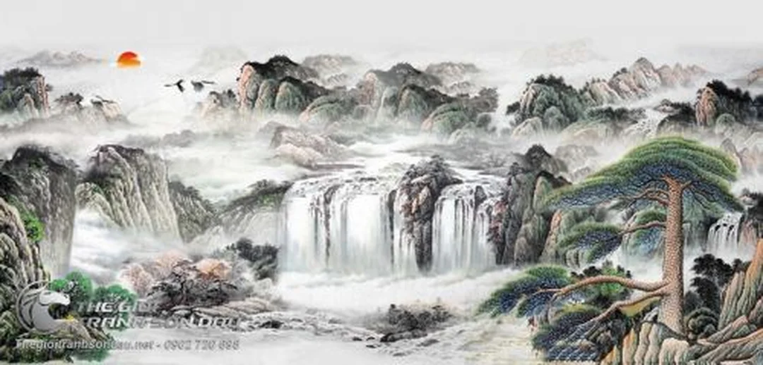 tranh thủy mặc cây tùng phong cách tối giản với mực đen trắng