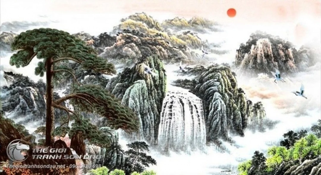 tranh thủy mặc cây tùng trên đỉnh thác hùng vĩ cho phòng khách rộng