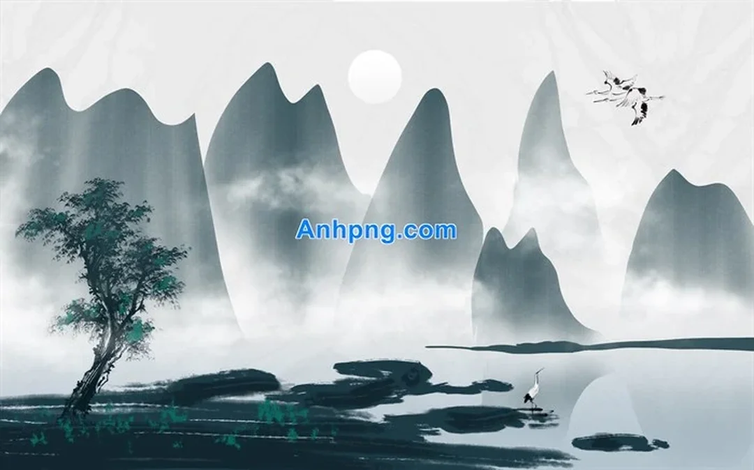 tranh thủy mặc núi non có nhà và cây