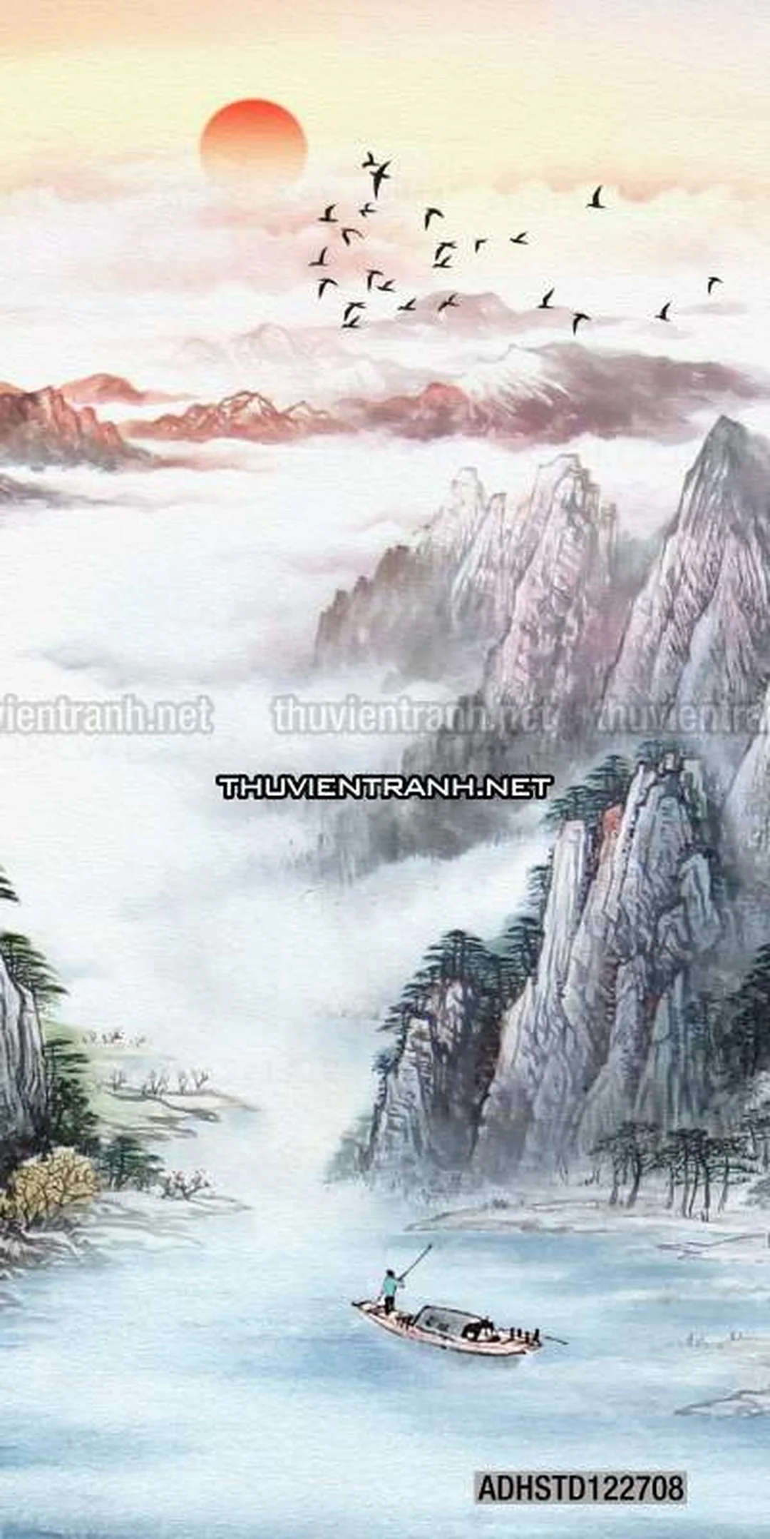 tranh thủy mặc trung quốc phong cảnh mây núi dùng trong trang trí nội thất