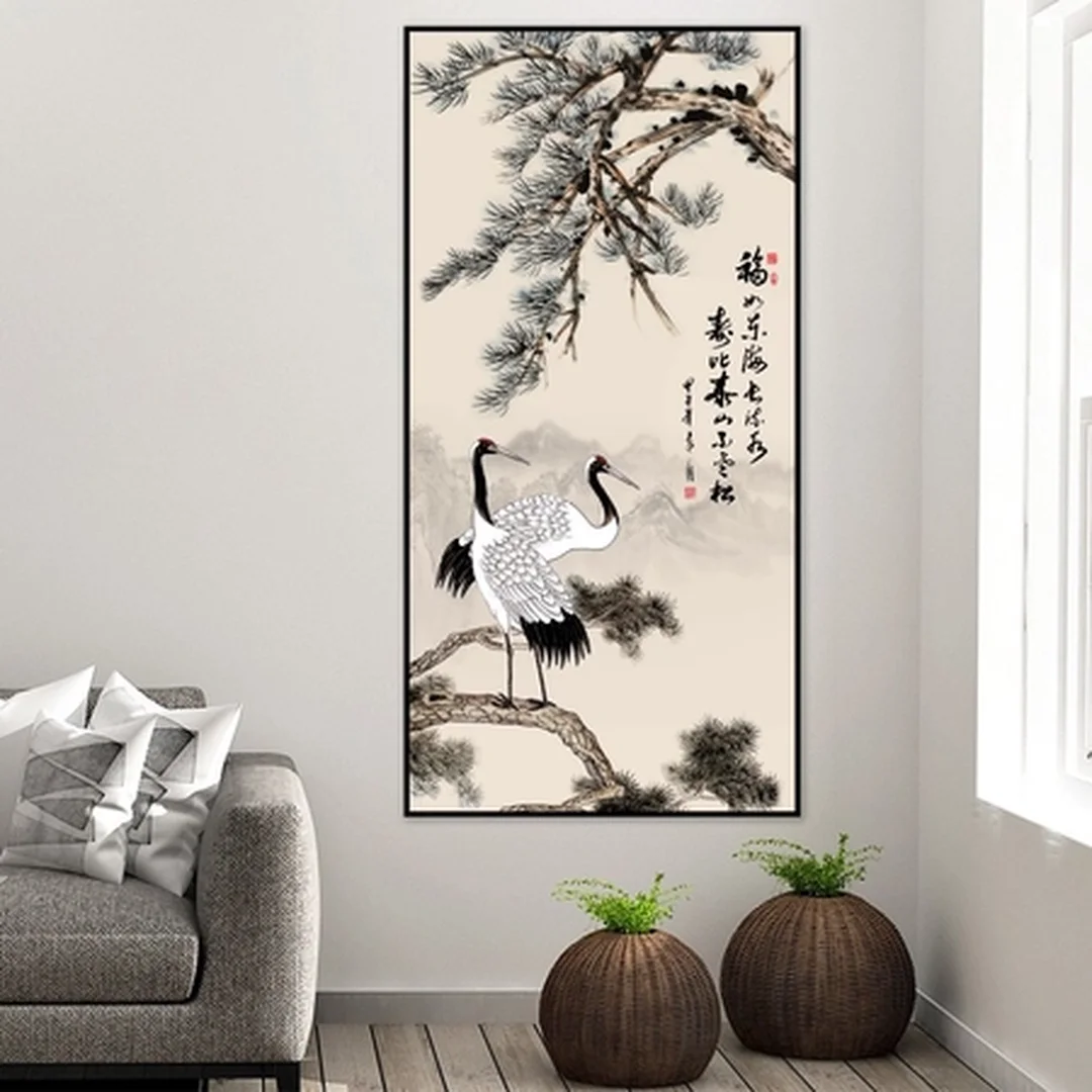 tranh thủy mặc tùng hạc diên niên với chim hạc và cây tùng