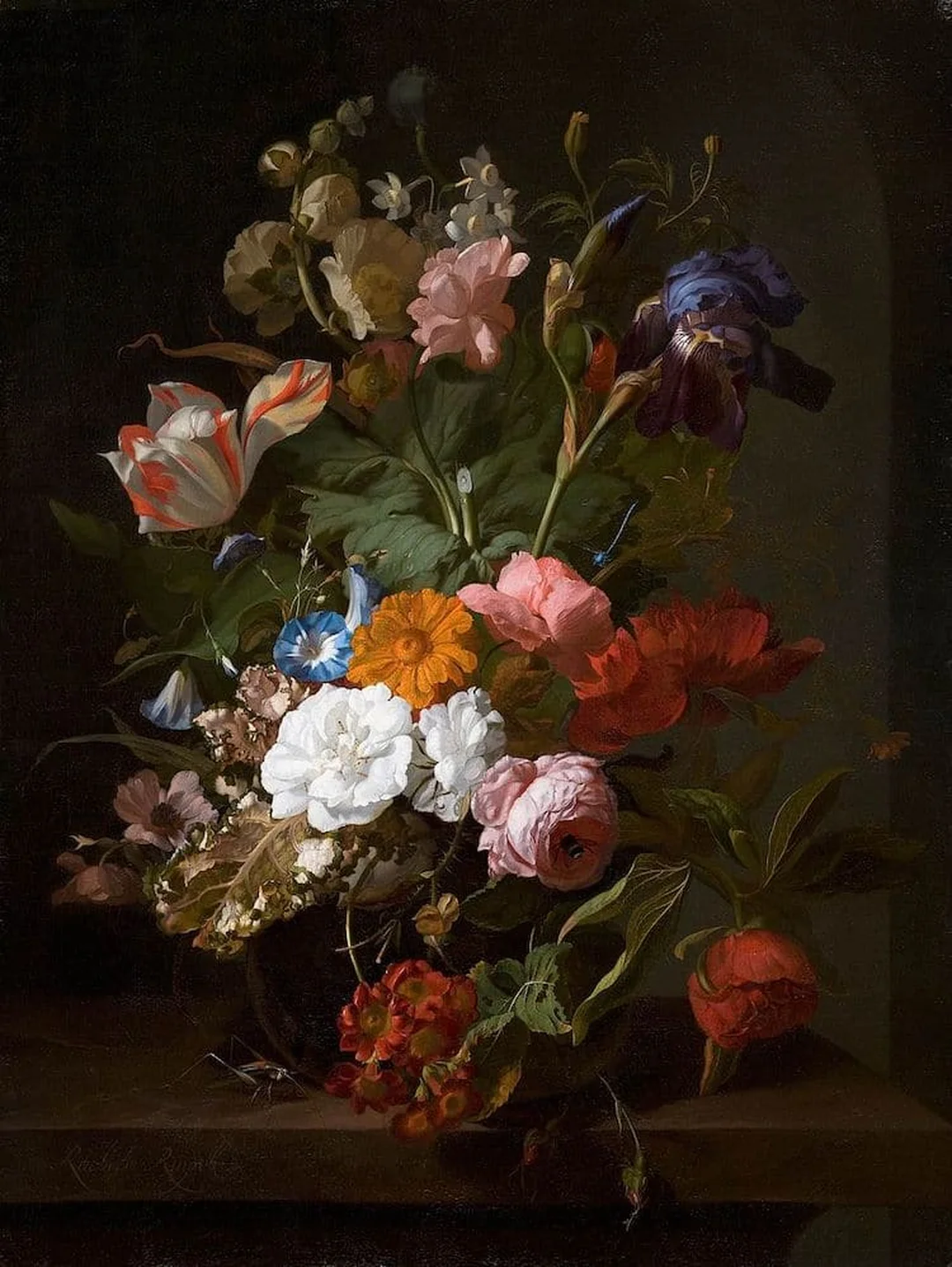 Tranh tĩnh vật hoa bất đối xứng của Rachel Ruysch tranh tĩnh vật của các họa sĩ nổi tiếng với bố cục hoa trong bình thủy tinh