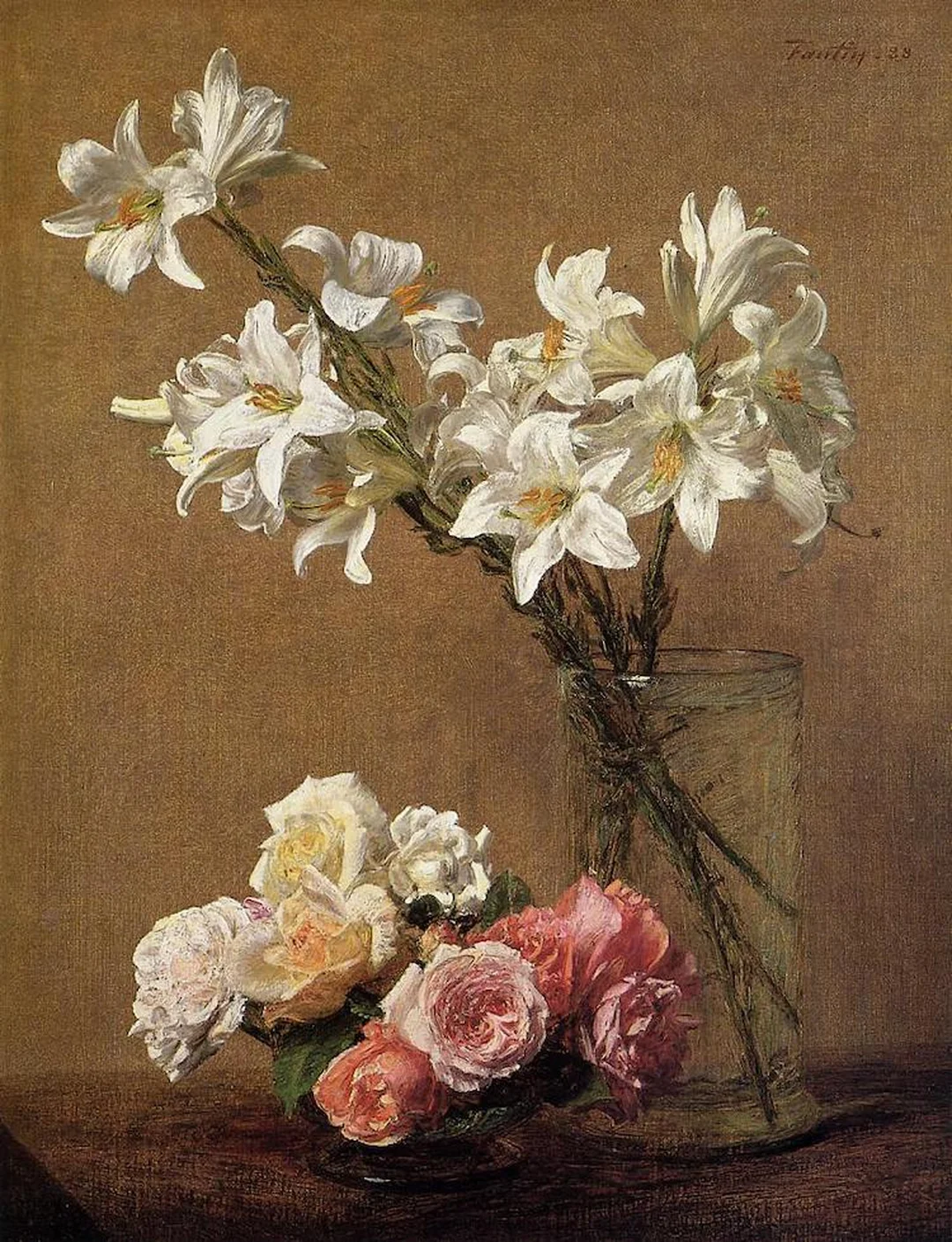 Tranh tĩnh vật hoa hồng và hoa ly của Henri Fantin-Latour tranh tĩnh vật của các họa sĩ nổi tiếng với bó hoa hồng và hoa ly