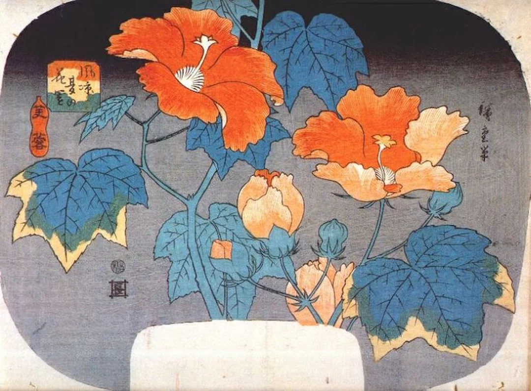 Tranh hoa dâm bụt của Hiroshige tranh tĩnh vật của các họa sĩ nổi tiếng với hoa dâm bụt phong cách Nhật Bản