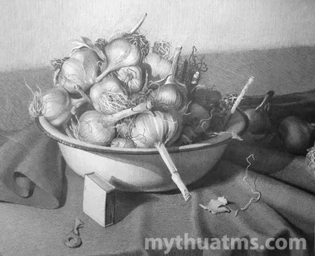 tranh tĩnh vật màu chì với bố cục lọ hoa và quả cơ bản