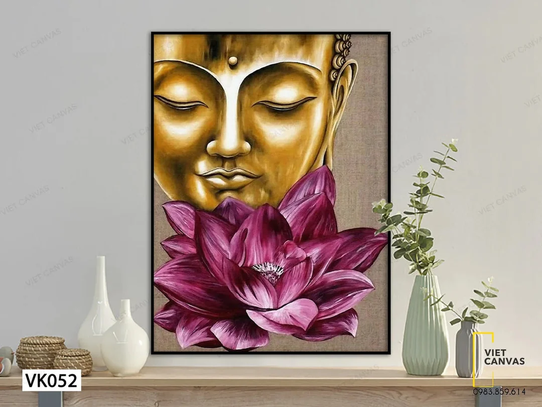 Tranh trang trí bàn thờ Phật kết hợp hoa sen tranh trang trí bàn thờ phật bên hoa sen