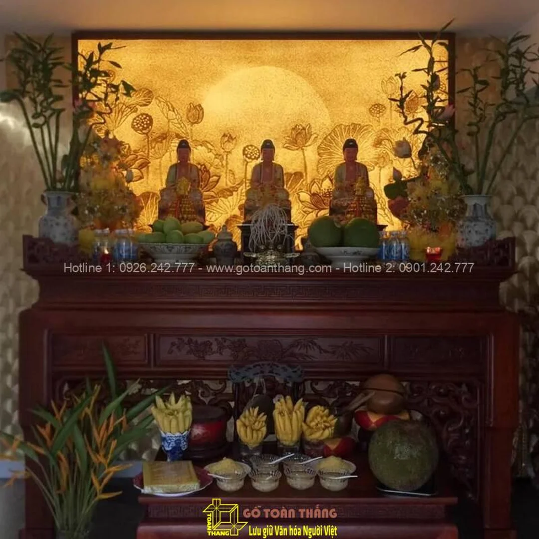 Tranh trang trí bàn thờ Tam Thế Phật tranh trang trí bàn thờ Tam Thế Phật tạo nền thờ trang nghiêm