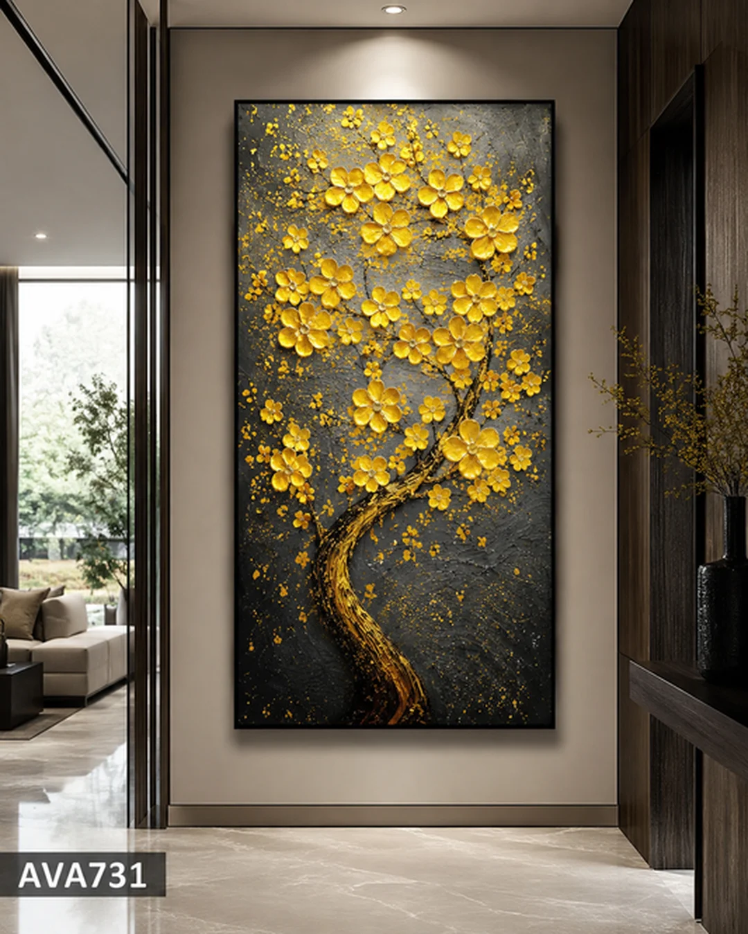 tranh trang trí canvas kim hoa phú quý trên nền vàng sang trọng