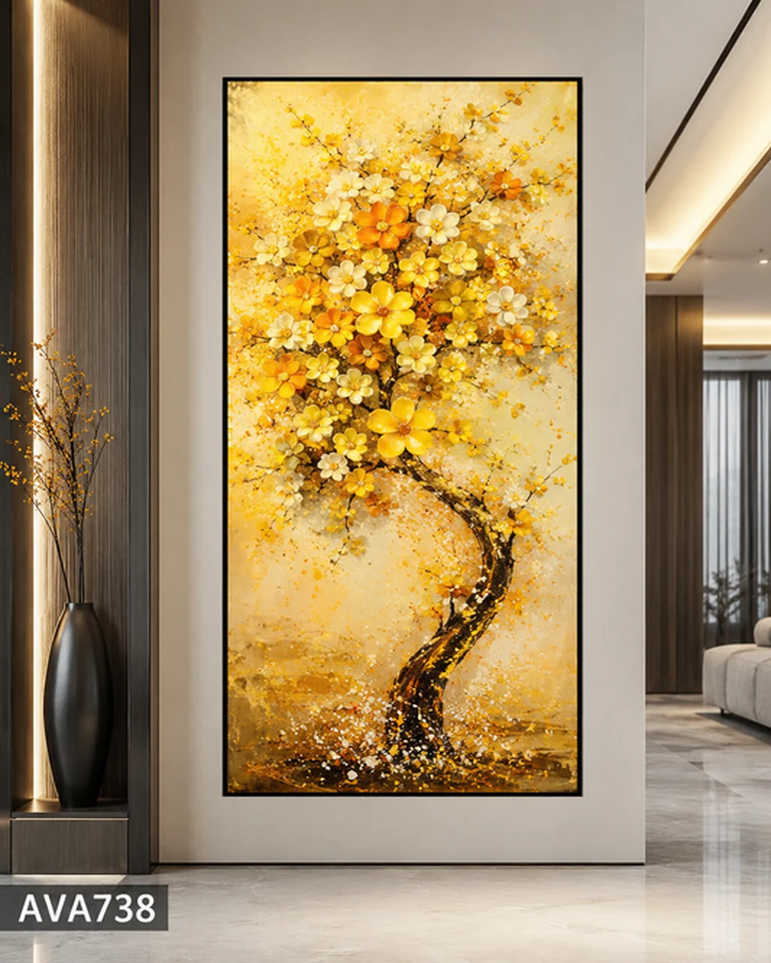 tranh trang trí cầu thang hoa khai tài lộc màu vàng hiện đại