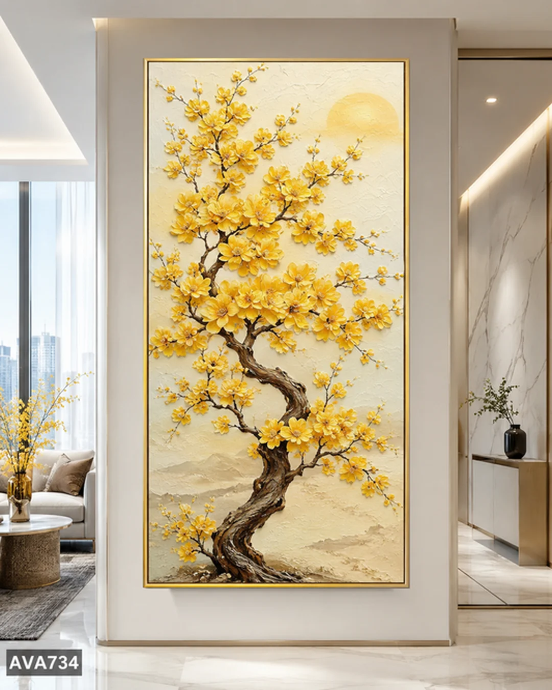 tranh trang trí cầu thang khổ đứng hoa vàng cho mảng tường cao