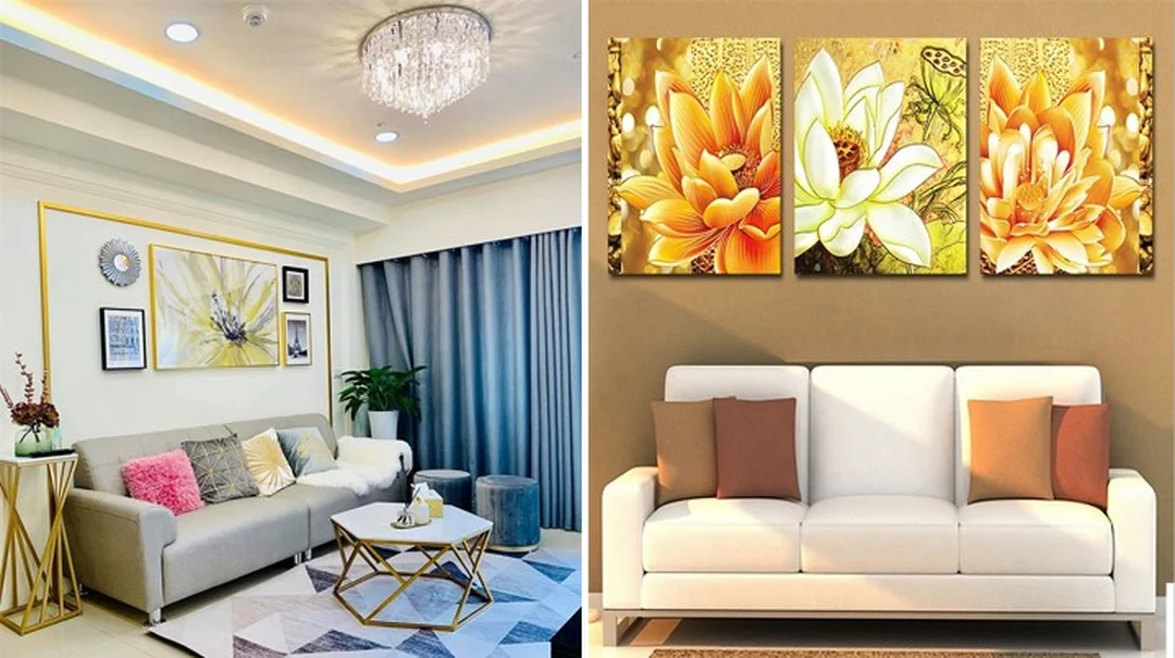 tranh trang trí nhà phòng khách với sofa sáng màu