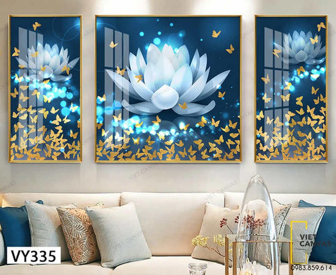 Bộ tranh trang trí phòng khách hoa sen vàng Tranh trang trí phòng khách bộ hoa sen vàng trên nền trắng