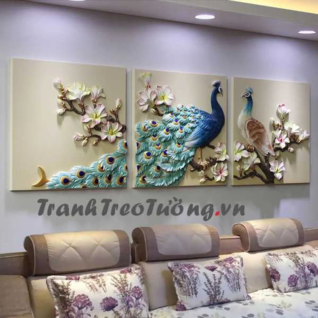 tranh treo tường 3d nổi chim công cho phòng khách