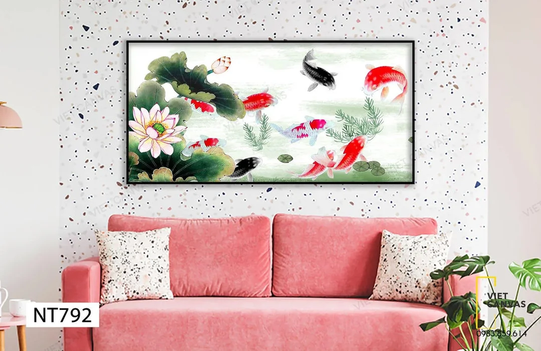 tranh treo tường bình dương cá chép hoa sen cho phòng khách